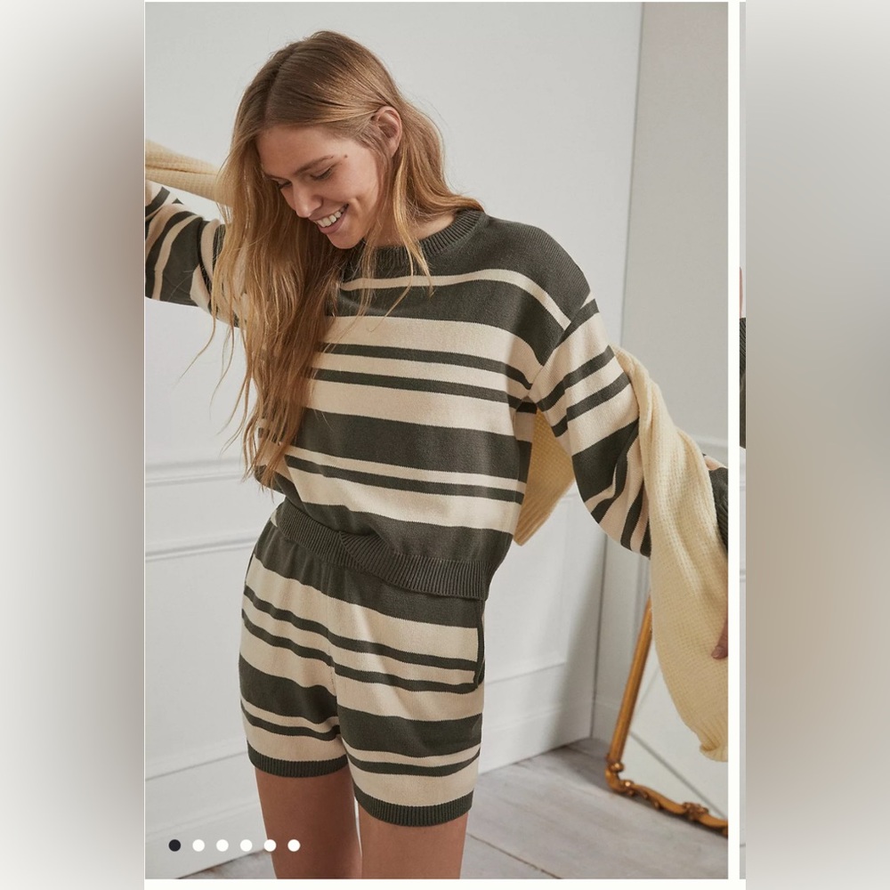Anthropologie Striped Crew Neck Sweater - Olive and Cream